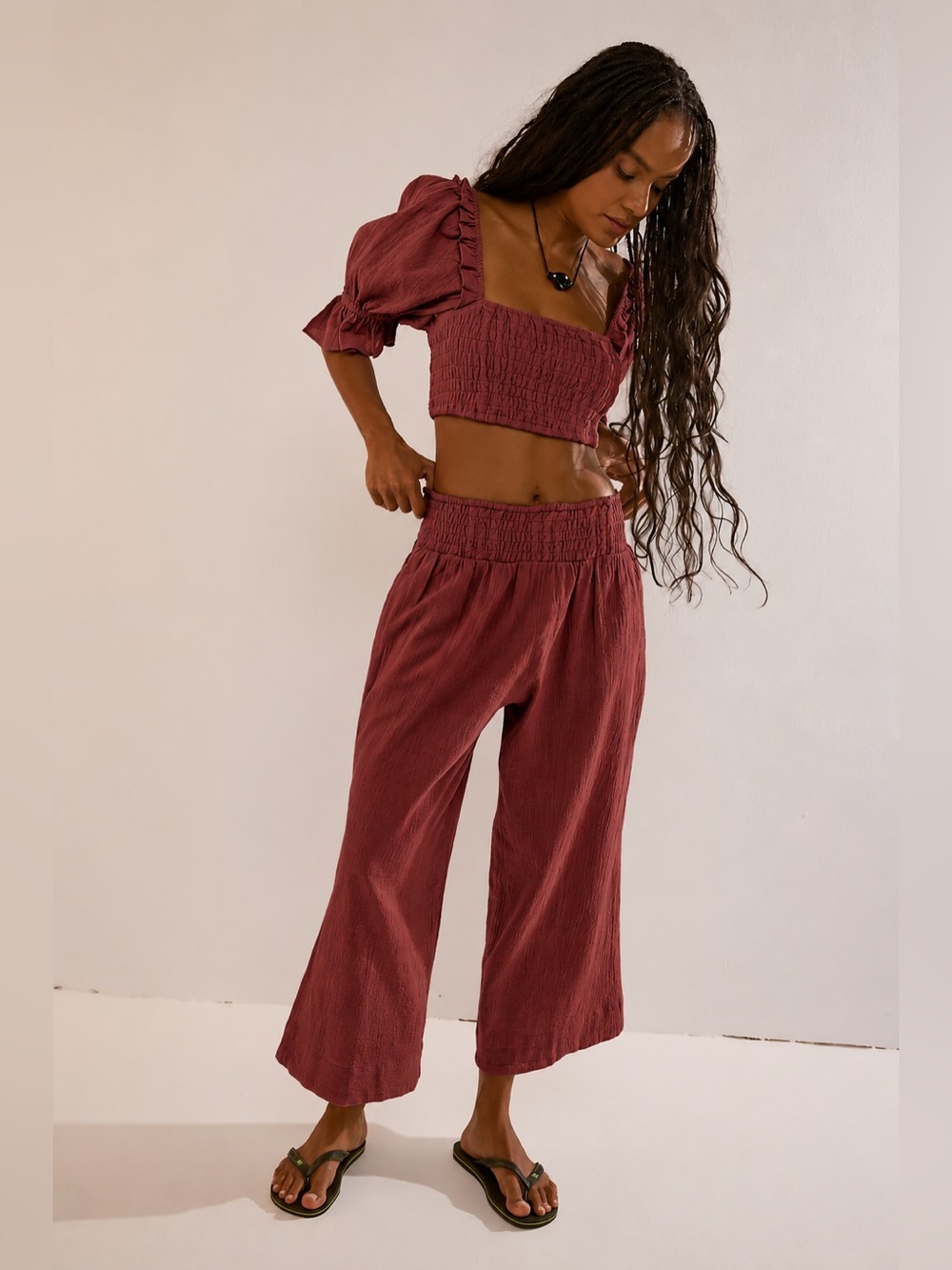 Free People At Ease Set Rust Smocked Crop Top Wide Leg Pants Cotton Set Large